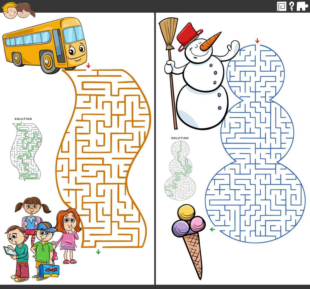 maze activity games set with funny cartoon characters vector