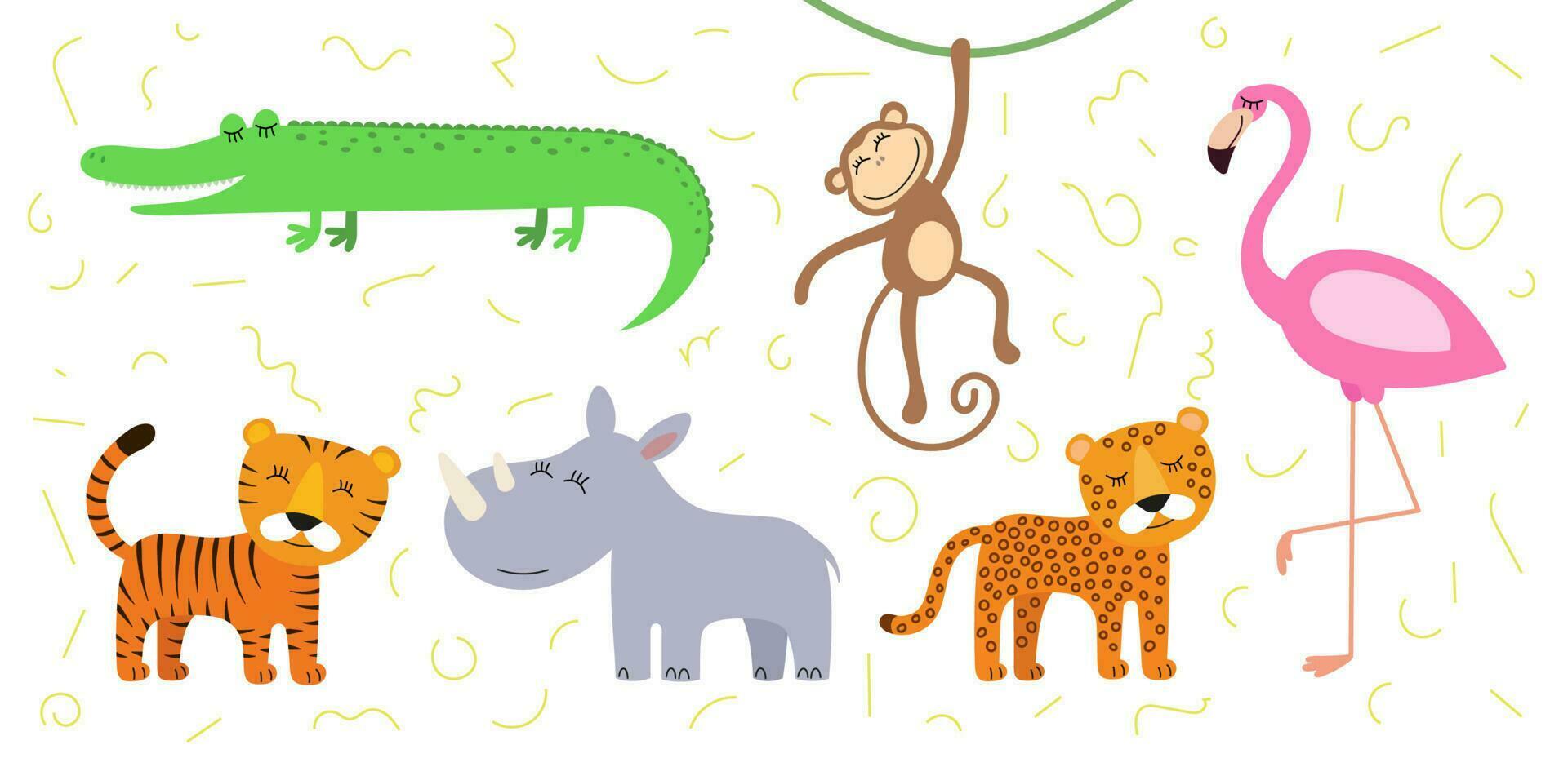 Cute cartoon style crocodile, monkey and flamingo. Drawing african baby wild animals tiger, rhinoceros and cheetah. Kind smiling jungle safari animal set. Vector eps creative graphic hand drawn prints