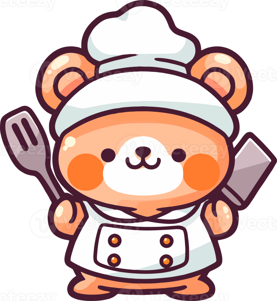 A cartoon character of a cute little bear chef with a fork and a knife png
