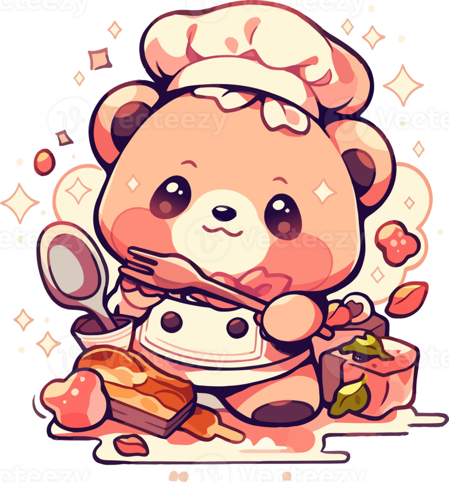 A cute cartoon bear is cooking in a kitchen png
