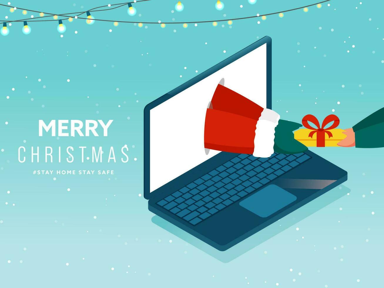 Papa Noel dando regalo en línea a persona mediante ordenador portátil y Encendiendo guirnalda en nevada azul antecedentes para alegre Navidad, permanecer hogar permanecer seguro. vector