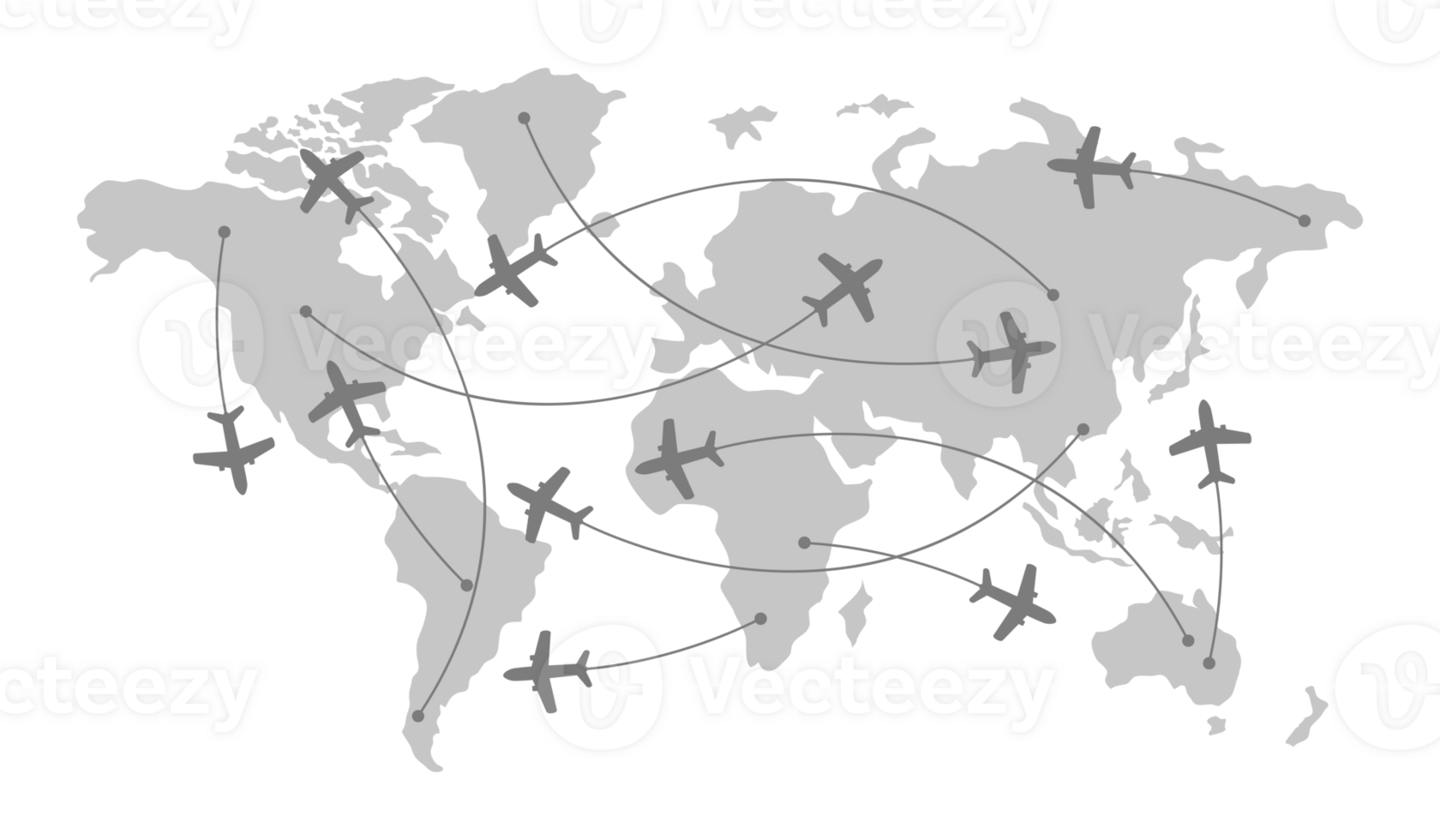 Flight of airplane on world map. Worldwide travel and transportation concept png