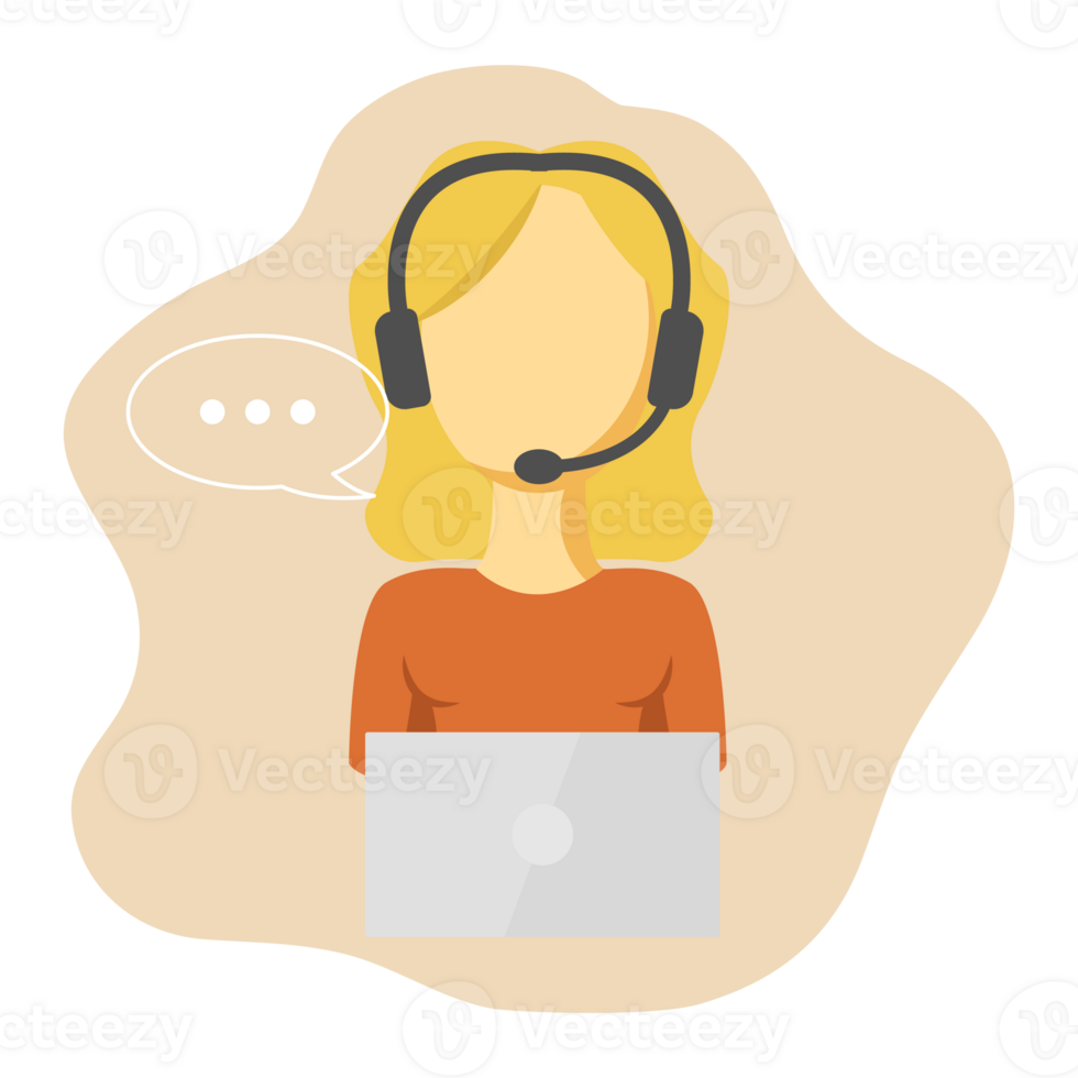 Customer service icon in flat design. Female call center with headphones and microphone is using laptop. Symbols of help and support teams. png