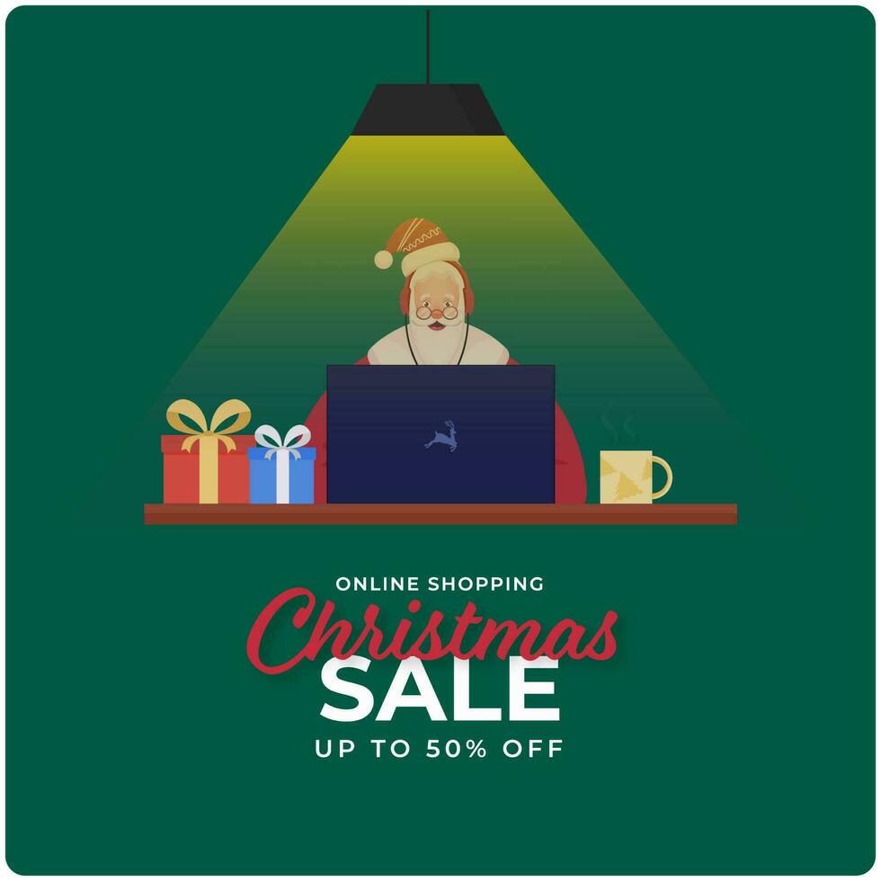 Christmas Sale Poster Design With 50 Discount Offer And Santa Claus Using Laptop On Green Background. vector