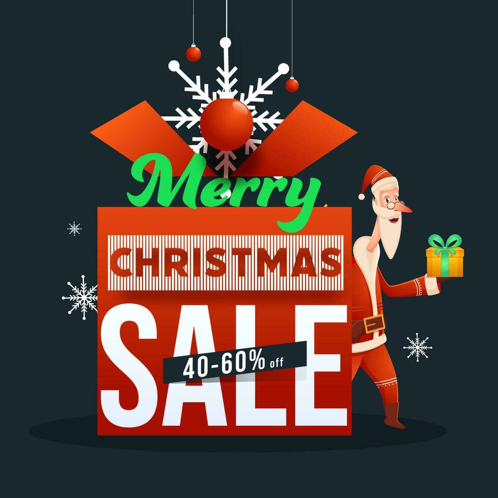 Merry Christmas Sale Poster Design with 40-60 Discount Offer, Snowflakes, Hanging Baubles and Santa Claus Holding a Gift on Dark Grey Background. vector