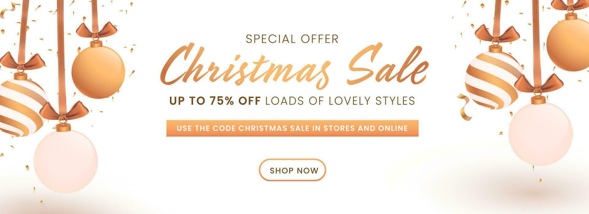 UP TO 75 Off For Christmas Sale Header Or Banner Design Decorated With Hanging Baubles. vector