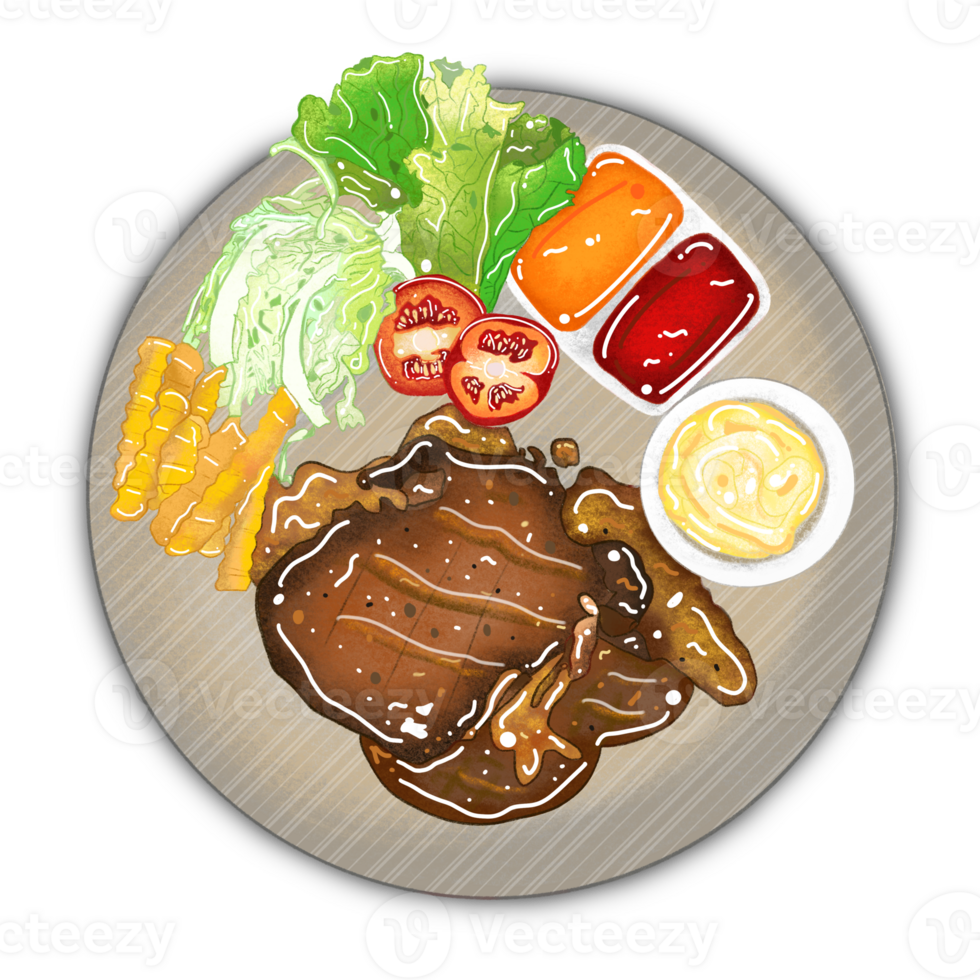 A steak is a thick cut of meat generally sliced across the muscle fibers, sometimes including a bone. It is normally grilled or fried. png