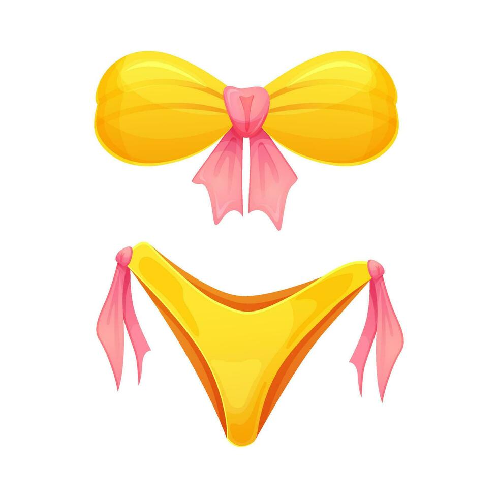 Women's swimsuit bikini in yellow color with pink tie. Cartoon style. Summer time symbol. Vector illustration isolated on white.