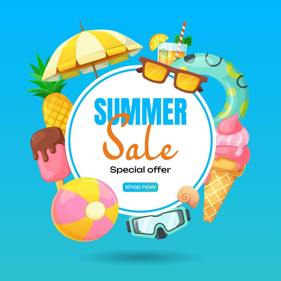 Creative summer sale banner in trendy colors with beach accessories and discount text. Season promotion. Vector in square shape.