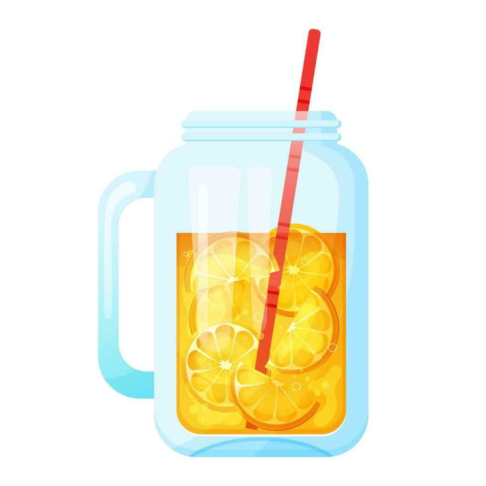 Summer refreshing lemonade with berries in glass jar. Cocktail with lemon, orange. Vector illustration isolated on white.