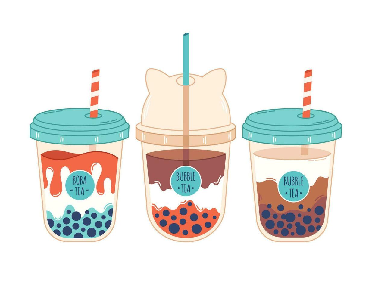 Collection of Bubble Milk Tea with tapioca pearls. Boba tea. Taiwanese drink. Summer cold drink vector