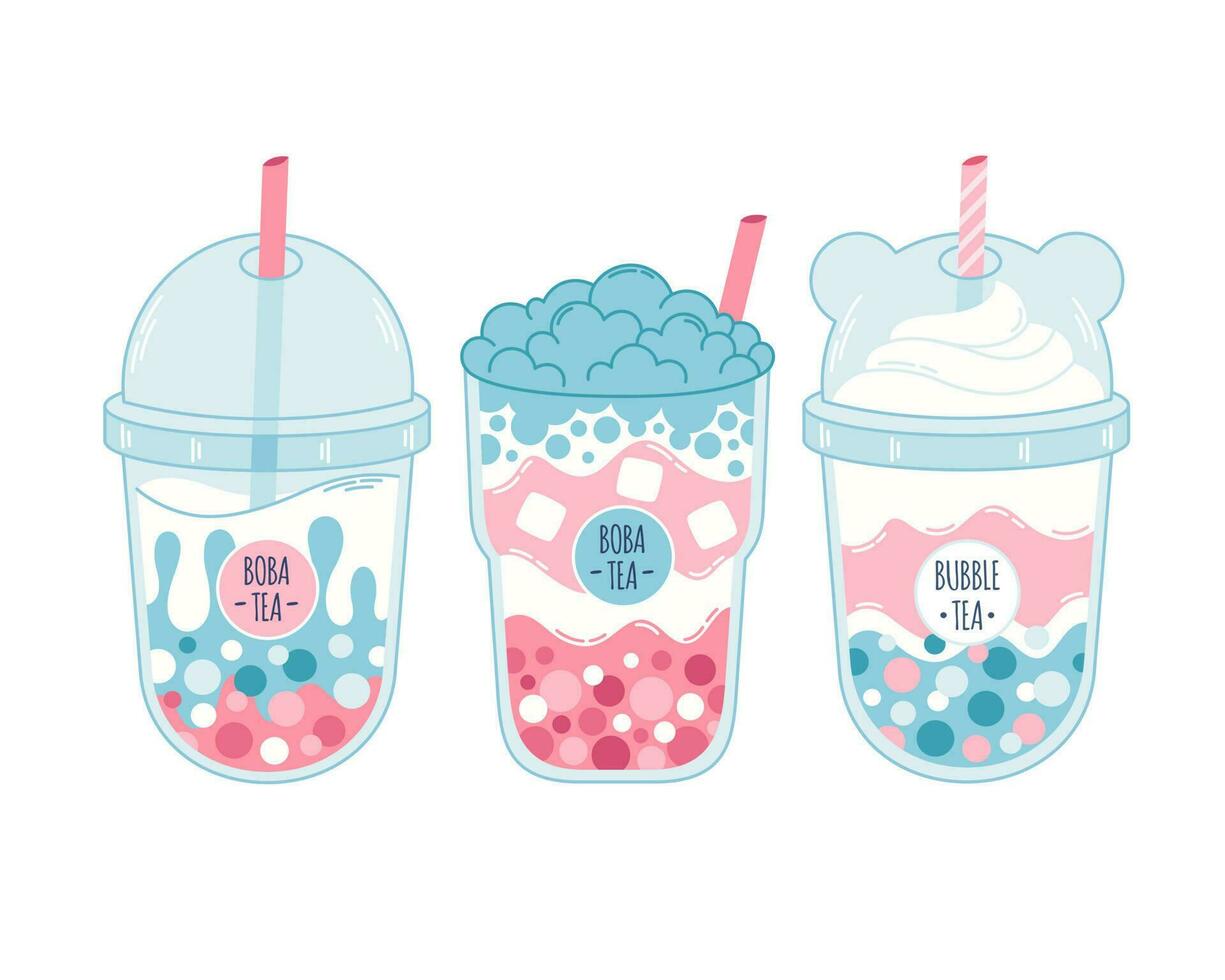 Collection of Bubble Milk Tea with tapioca pearls. Boba tea. Taiwanese drink. Summer cold drink vector