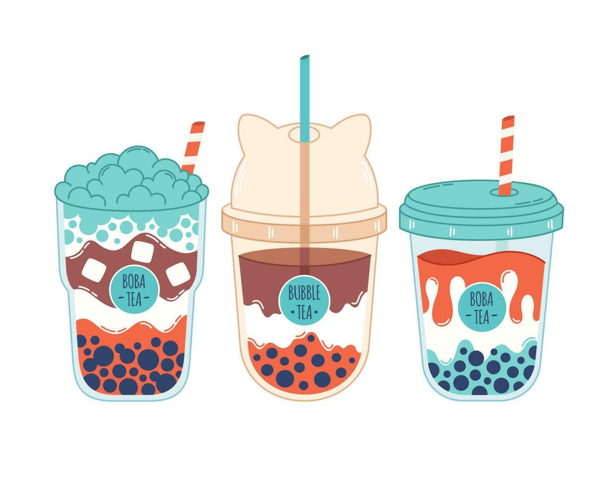 Collection of Bubble Milk Tea with tapioca pearls. Boba tea. Taiwanese drink. Summer cold drink vector