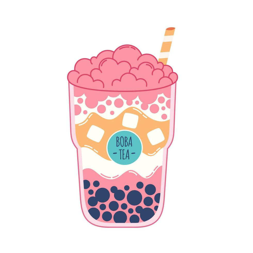 Bubble Milk Tea with tapioca pearls. Boba tea. Cold Asian Taiwanese drink. Summer cold drink vector