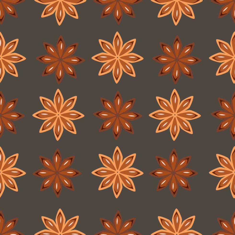 Vintage hand drawn Star Anise seamless pattern. Dried Star Aniseed or lllicium Verum, Used for Seasoning in Cooking. Star anise dessert spice fruit and seeds. Vector illustration