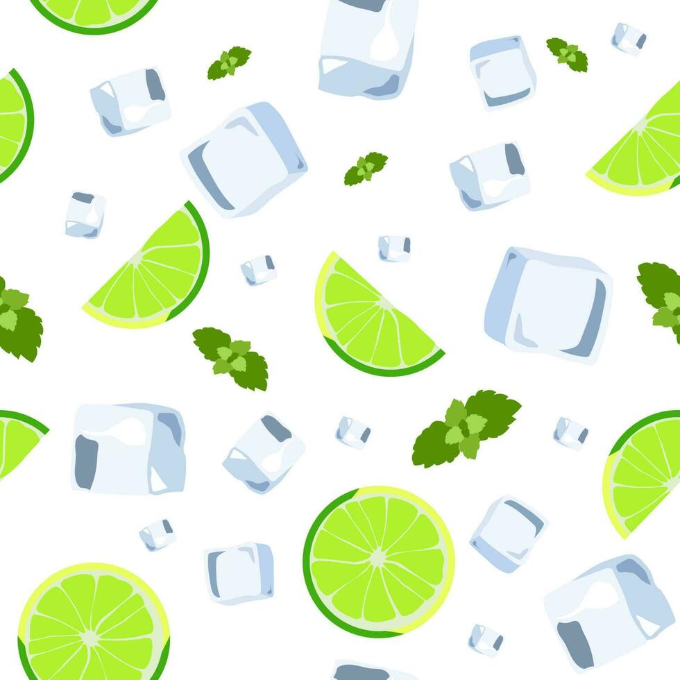 Mojito cocktail seamless pattern. Top view lemonade wallpaper. Illustration with mint, ice cube and lime. Fresh summer time print or t-shirt, prints, banner, party invitation or packaging design. vector