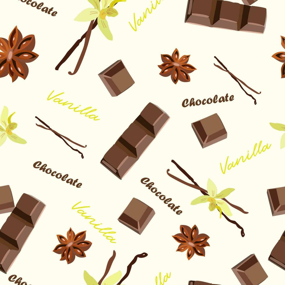 set of natural vanilla flowers and sticks, chocolate slices and satr anis, seamless vector illustration for textile, print
