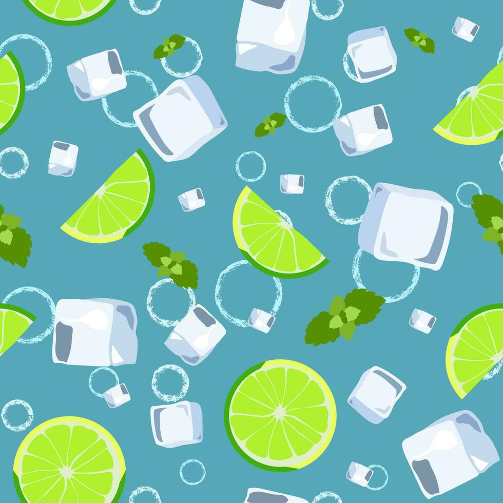 mojito cóctel sin costura modelo. parte superior ver limonada fondo de pantalla. ilustración con menta, hielo cubo y Lima. Fresco verano hora impresión o camiseta, huellas dactilares, bandera, fiesta invitación o embalaje diseño. vector