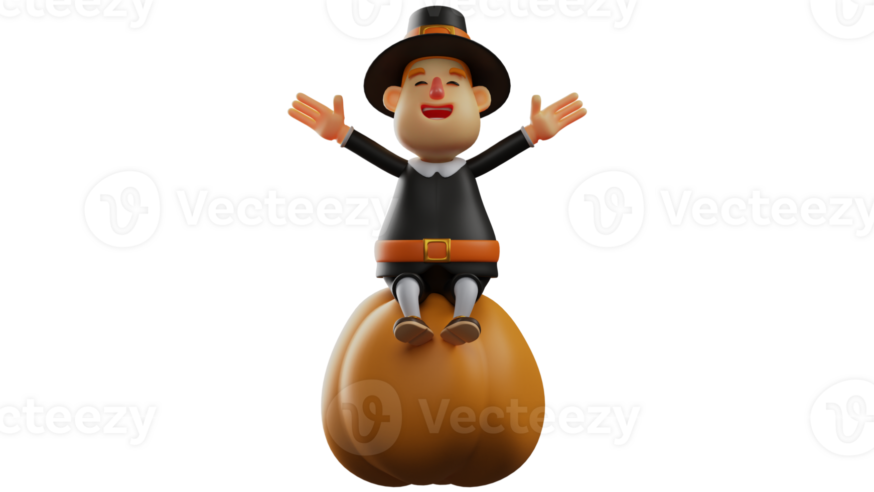 3D illustration. Happy Thanksgiving Pilgrim 3D cartoon character. Thanksgiving pilgrim sitting on a giant pumpkin. The Thanksgiving pilgrim spreads his hands with a big smile. 3D cartoon character png