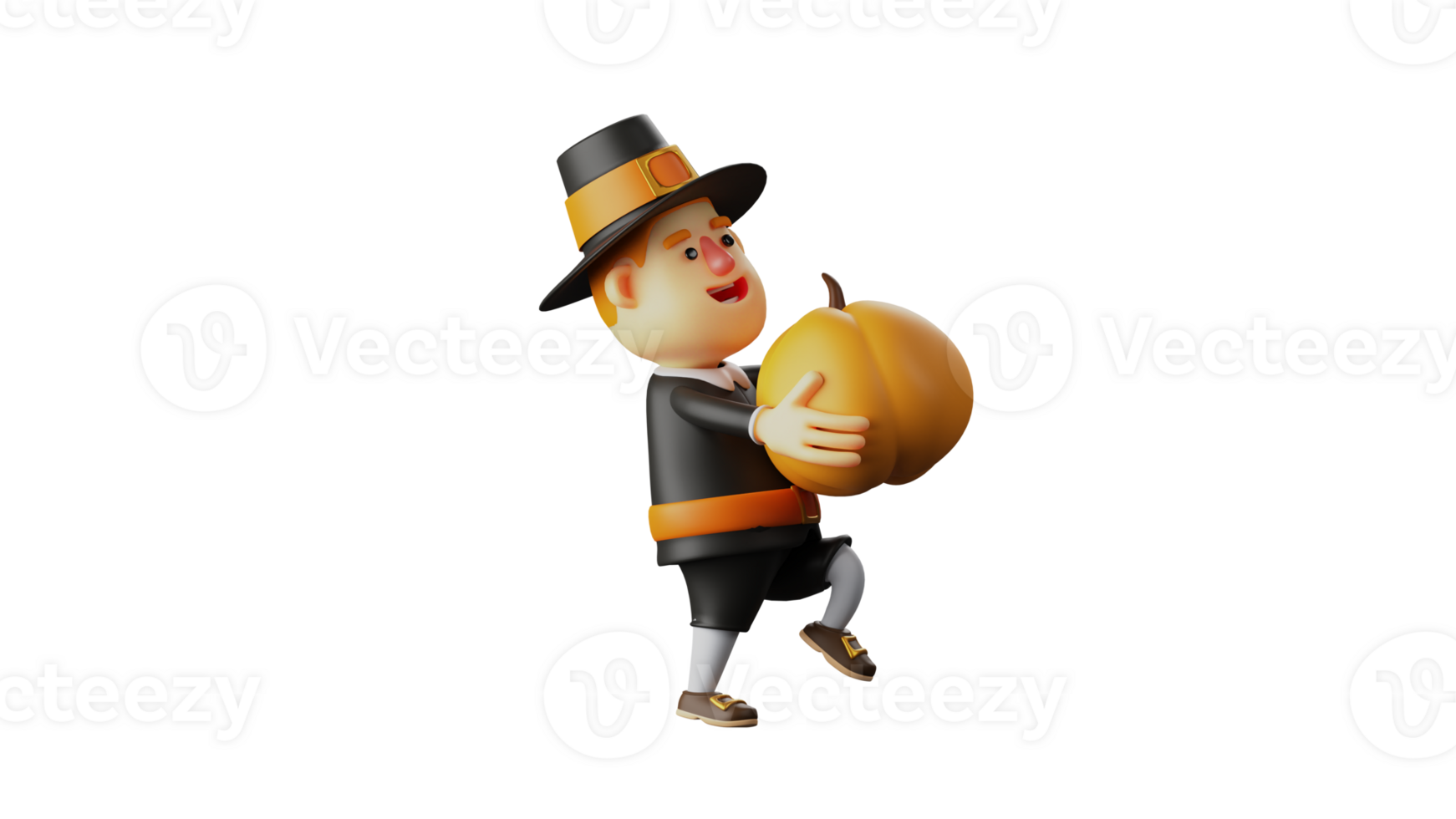 3D Illustration. Attractive Thanksgiving Pilgrim 3D Cartoon Character. Thanksgiving Pilgrim raised a big pumpkin. Thanksgiving Pilgrim shows an objections expression. 3D cartoon character png