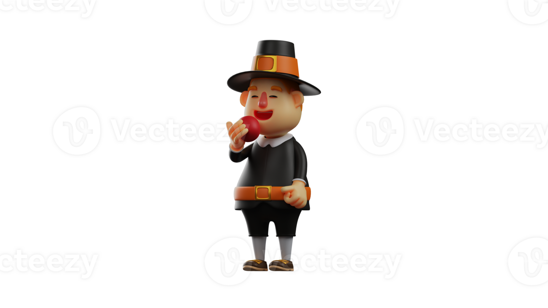 3D Illustration. Good Thanksgiving Pilgrim 3D cartoon character. Thanksgiving Pilgrim stood up and will bite the red apple he brought. Thanksgiving Pilgrim feels hungry. 3D cartoon character png