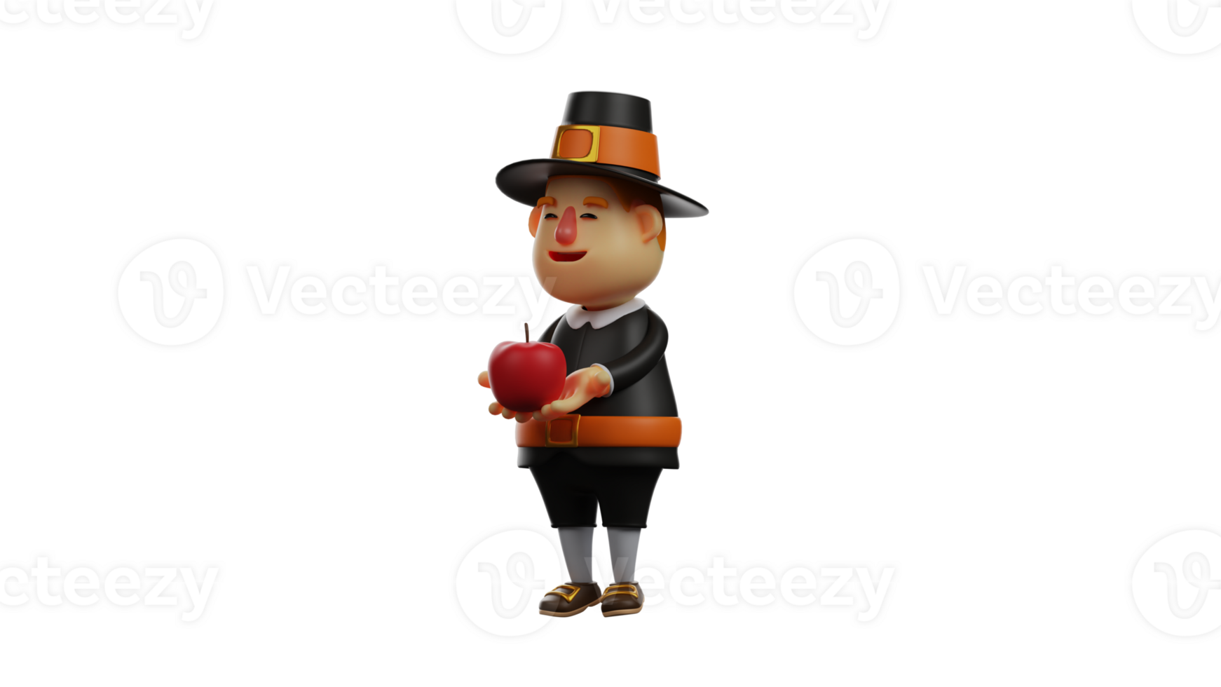 3D illustration. Thanksgiving Pilgrim 3D cartoon character. Thanksgiving pilgrim stands facing sideways holding out a red apple. Thanksgiving pilgrim showed a friendly expression. 3D cartoon character png