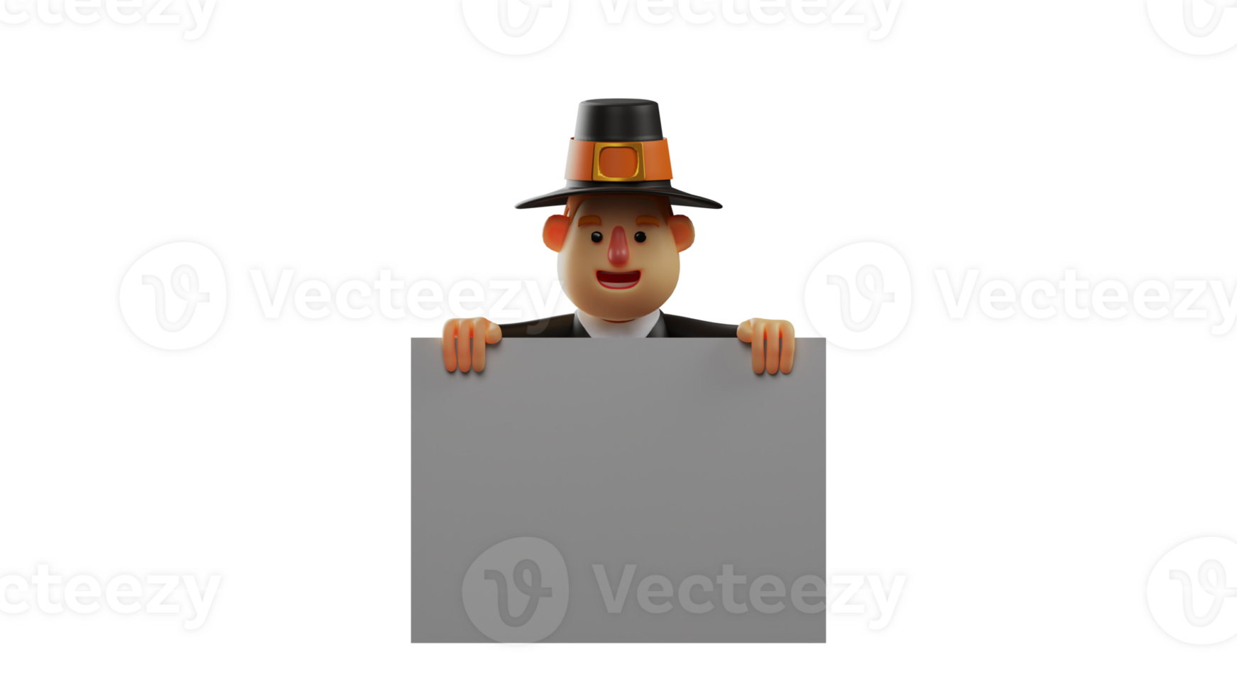 3D illustration. Smart Thanksgiving Pilgrim 3D cartoon character. Thanksgiving pilgrim holding a wide white board. Thanksgiving pilgrim holding a board showing his happy face. 3D cartoon character png