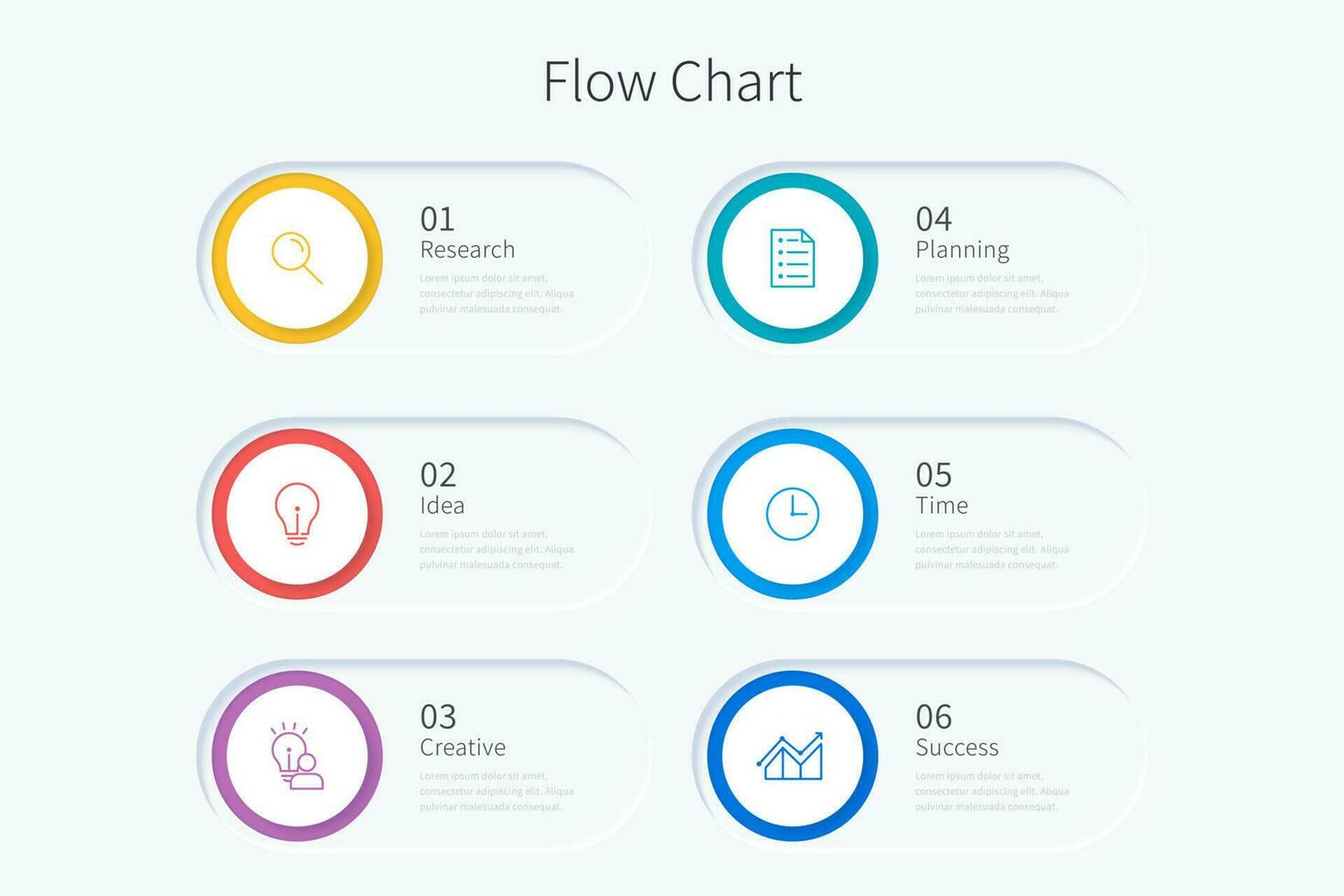 Flow chart infographic template with six circle elements and icons vector