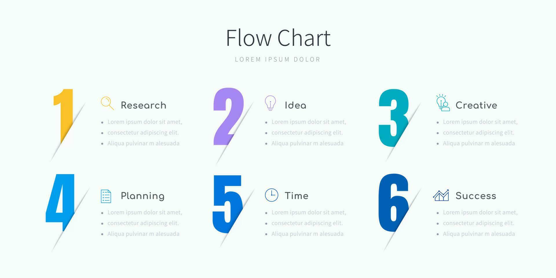 6 step infographic flow chart for business presentation designed with large colorful numbers vector