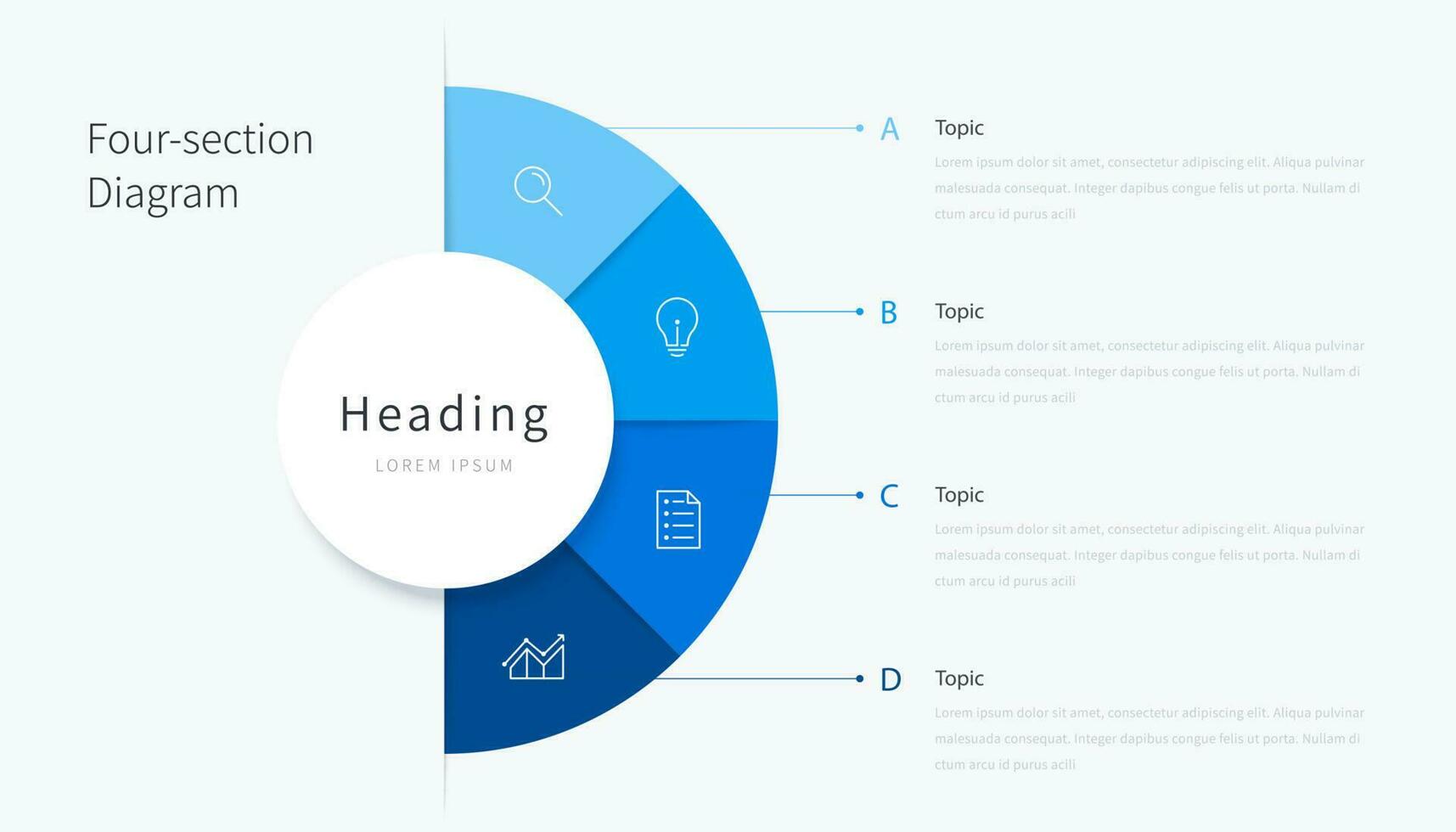 Four section diagram infographic elements, blue semicircle infographics design template with icons vector