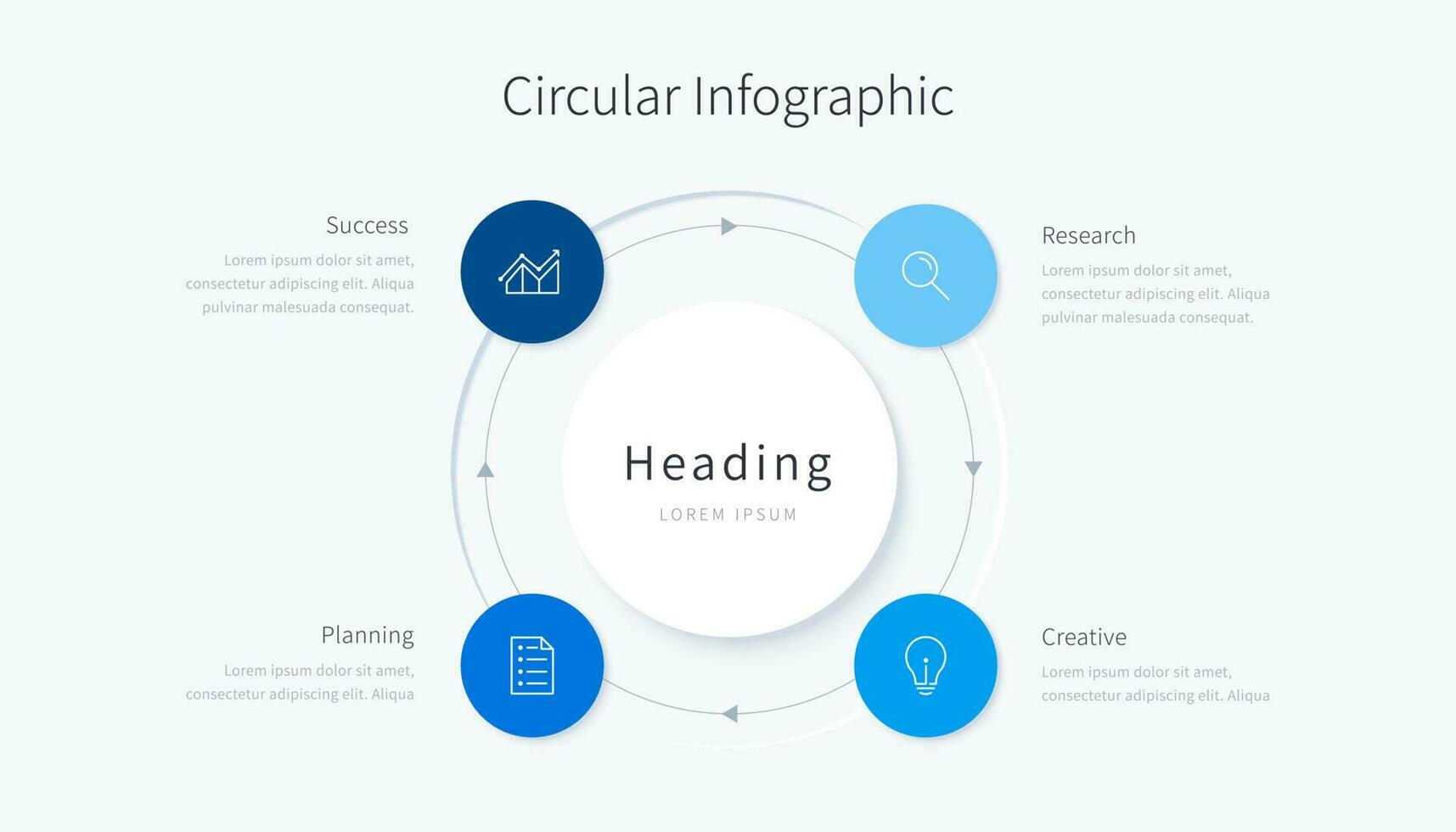 circular infografía con cuatro azul opciones conectado con Delgado flechas vector