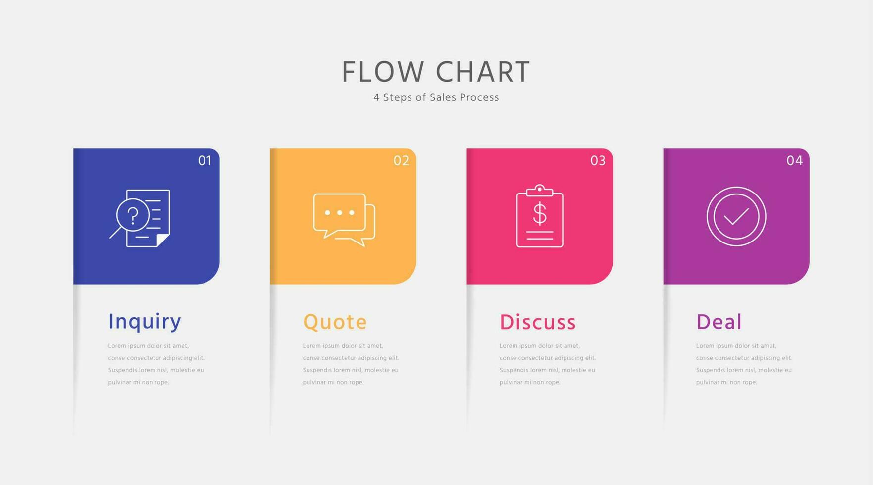 Four square elements placed in horizontal row. Diagram representing four stages of business process flow chart. vector