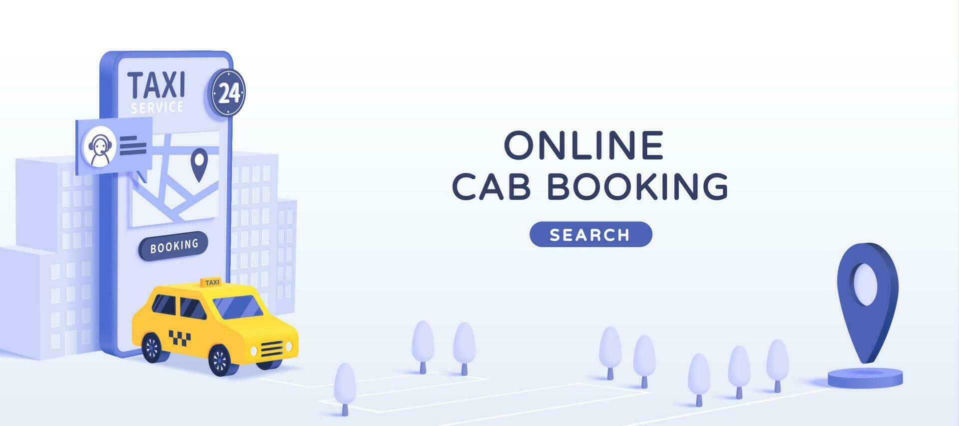 Online car booking app ad design template, 3D minimal illustration of online car hire mobile app on light blue background vector