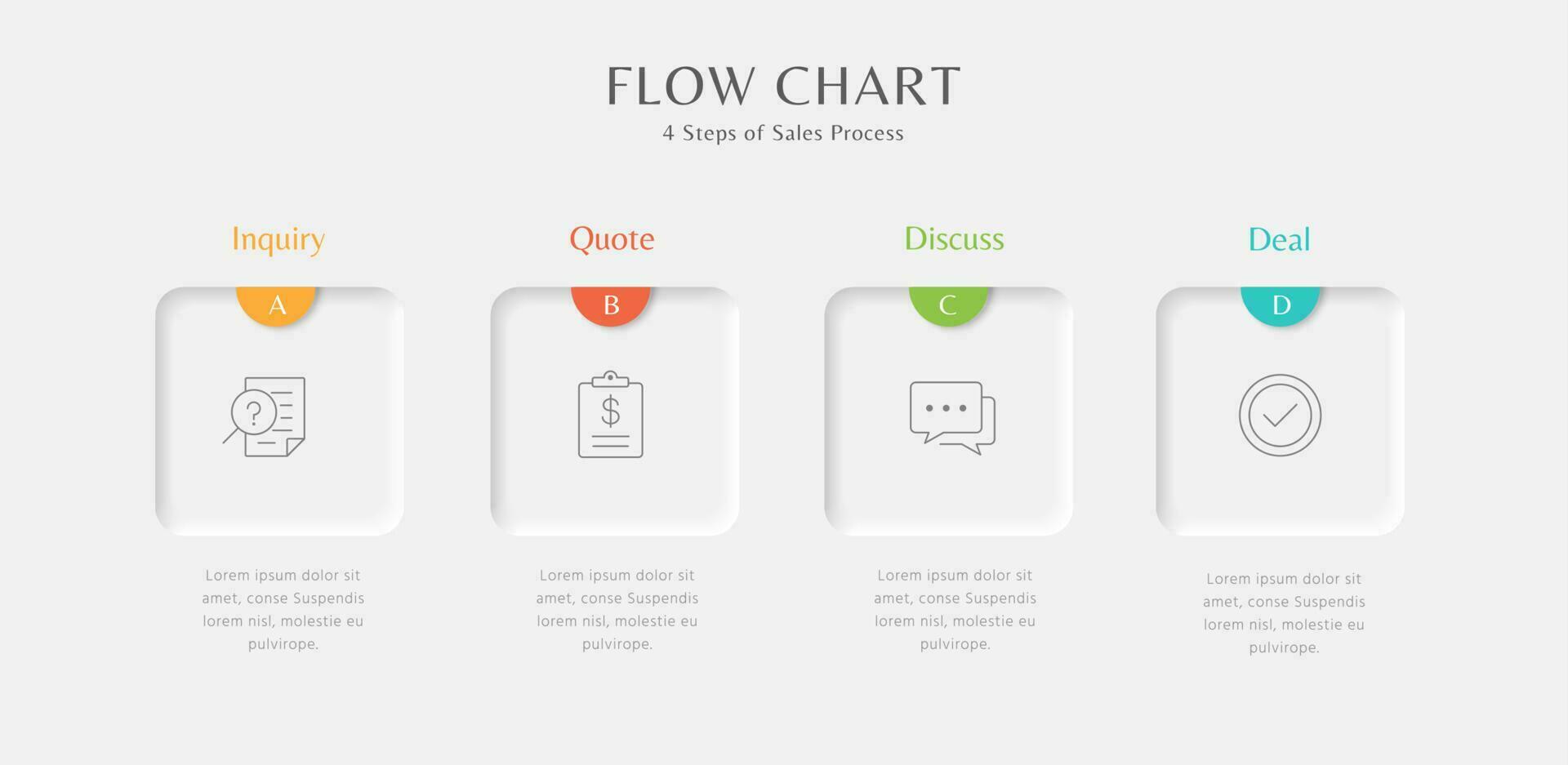 Steps of sales process in gray background with square elements, inquiry, quote, discuss, deal vector
