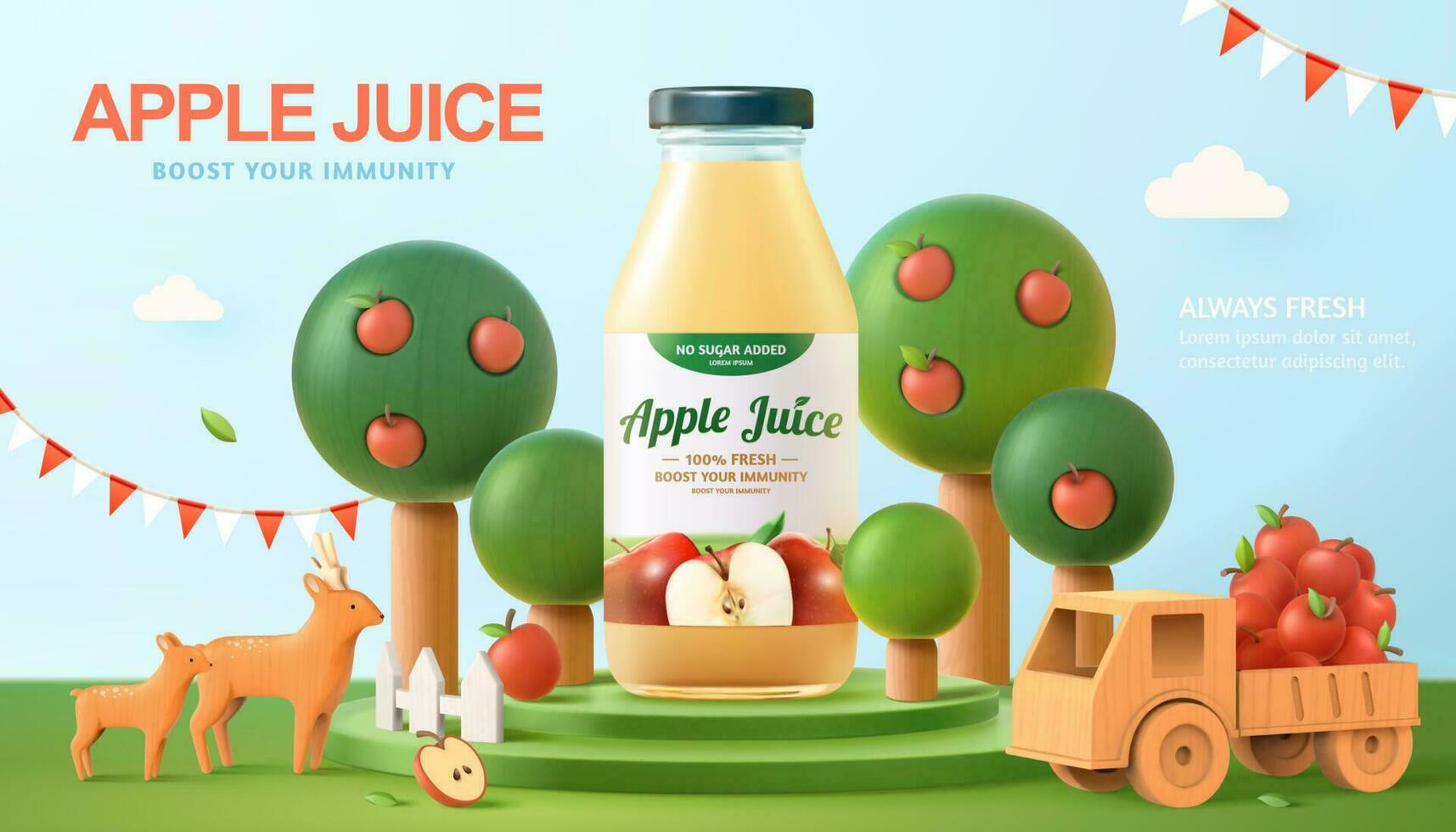 Fresh apple juice ad in 3d illustration, realistic bottle on a stage with apple trees around with wooden deers and a small truck filled with ripe apples vector