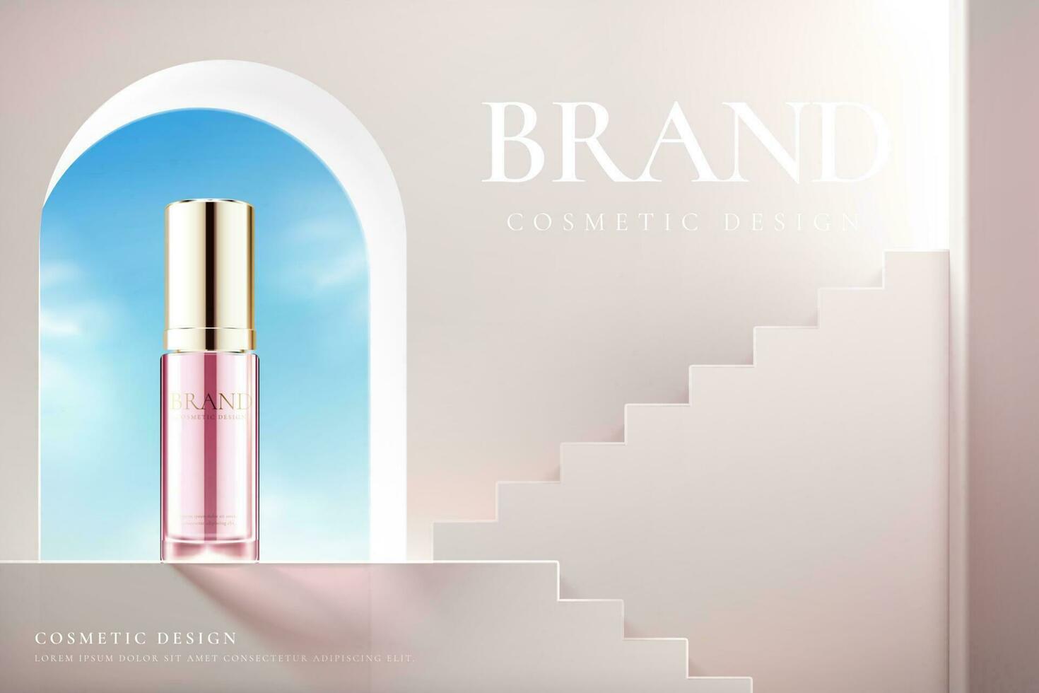 3d illustration of cosmetic product ad. Skincare product on a window with stairs vector