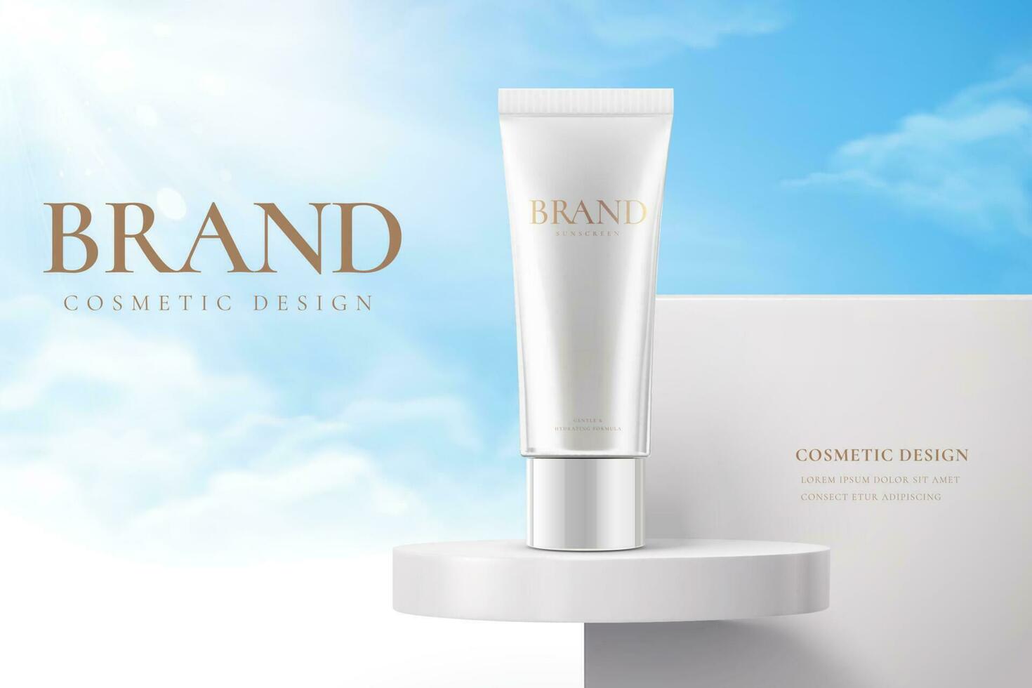Sunscreen cream product on white stage against sky background in 3d illustration. Beauty product ad banner vector
