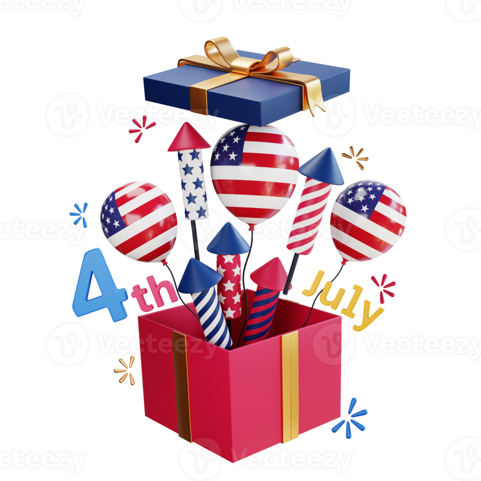4th of july illustration with balloons firecrackers and gift present png