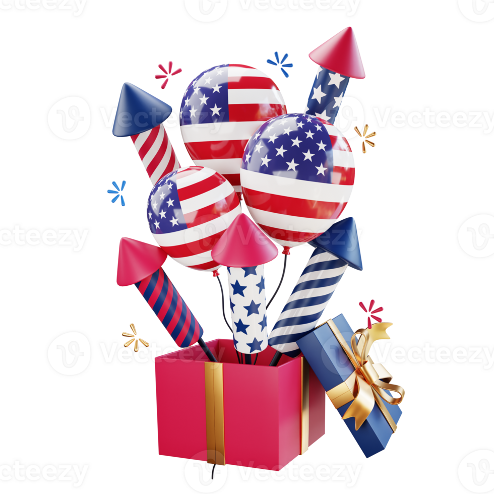 4th of july illustration with balloons firecrackers and gift present png
