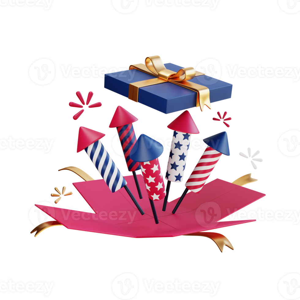 4th of july illustration with firecrackers and gift present png