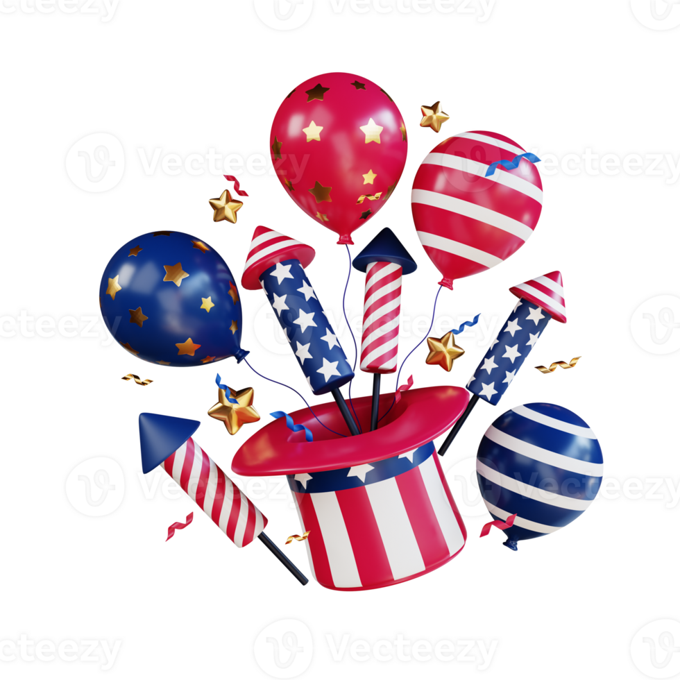 4th of july illustration with balloons firecrackers and gift present png