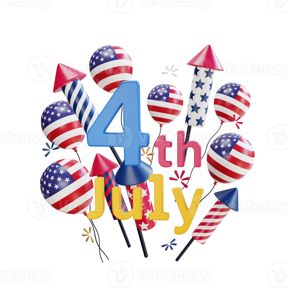 4th of july illustration with balloons firecrackers and gift present png
