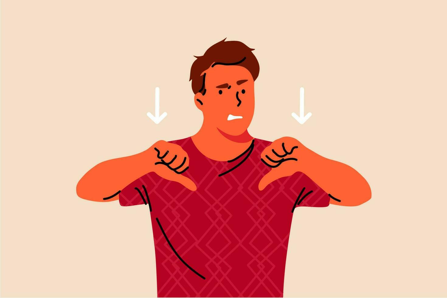Denial, dissapproval, dissapointment, negativity, emotion concept. Young unhappy dissatisfied man or guy showing thumds down. Negative reaction expressions gesture and dissagreement illustration. vector