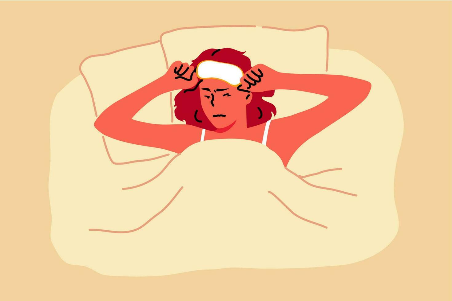 Irritation, morning, noise, health, recreation concept. Young exhausted woman raises slightly face mask and trying to open sleepy eyes needing more rest and out of energy. Time wake up illustration vector