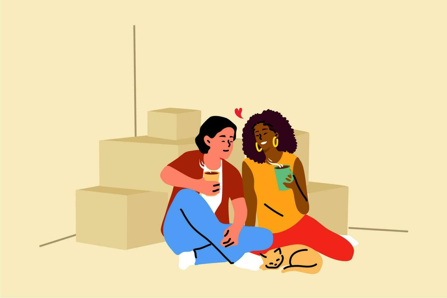 reparar, comprar, hogar, pareja, eliminación concepto. joven contento sonriente novio Novia hombre mujer sentado en piso con cajas Bebiendo café. comprando nuevo Departamento o Moviente en vacío casa ilustración. vector