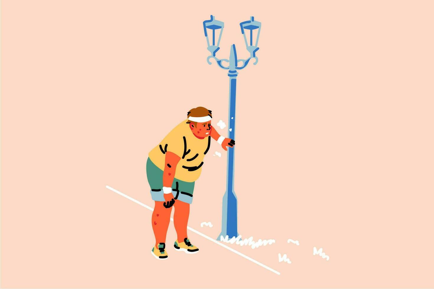 Sport, athletics, fatigue, overweight, dyspnea concept. Young fat obese man or guy runner tired while running and stopping near lamp post. Burning calories or heathy lifestyle and active recreation. vector