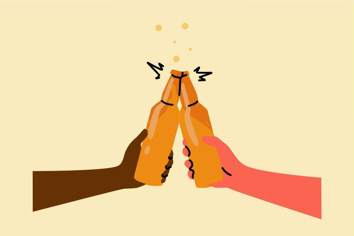 Drink, leisure, alcohol, celebration concept. Man and woman hands holding lager beer bottles and clinking together. Friendly cheers up and toasts and relaxation or recreation lifestyle illustration. vector
