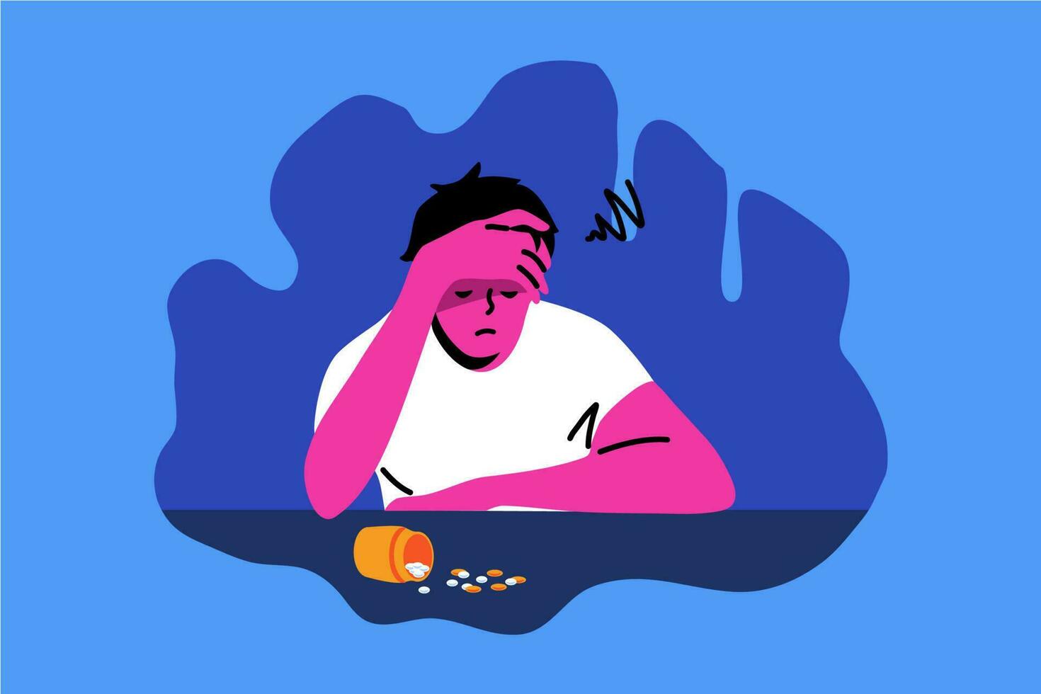 Frustration, depression, addiction, mental stress concept. Depressed frustrated man or guy cartoon character sitting on antidepressants pills. Loneliness emotional problems and bad news illustration. vector