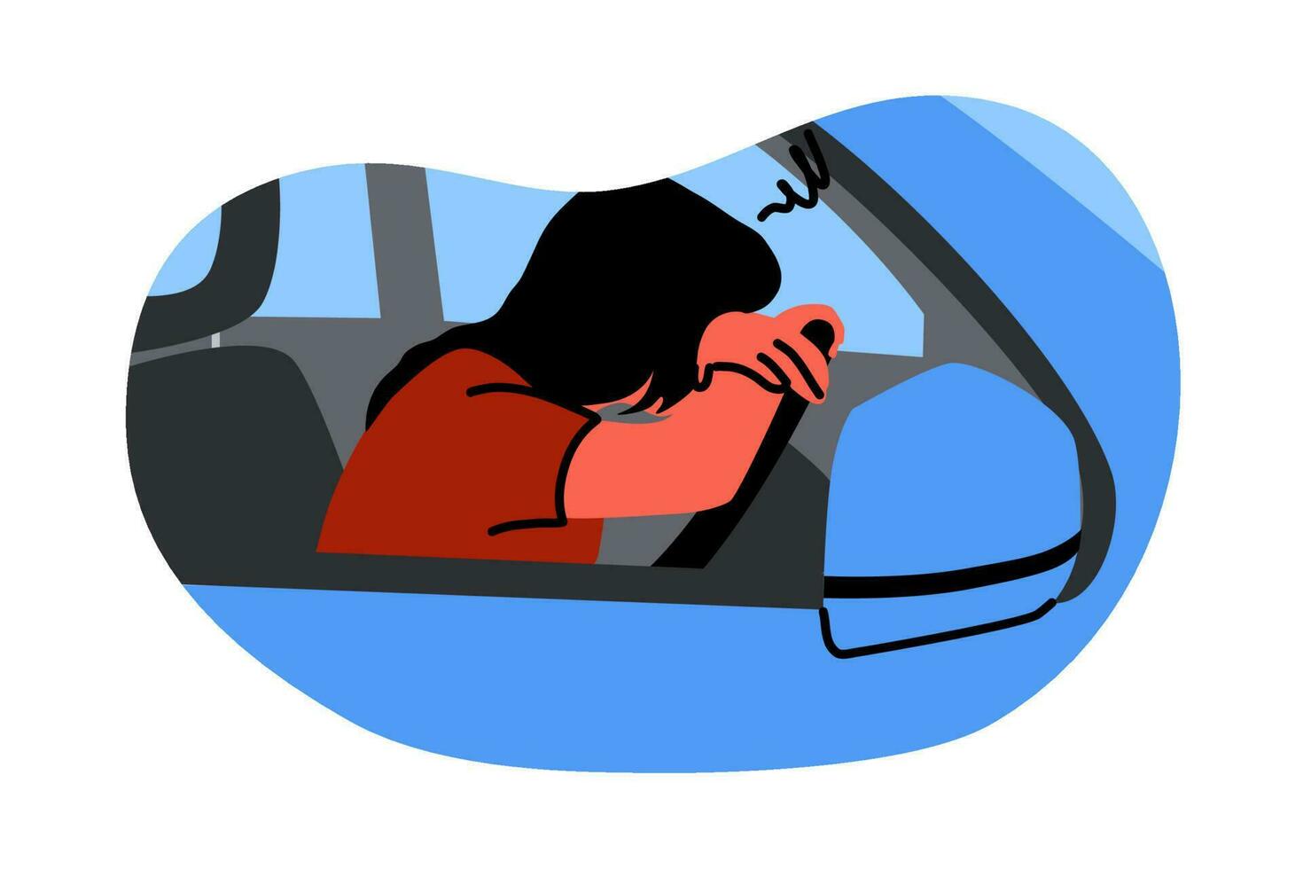 Mental stress, frustration, depression, fatigue, sleep concept. Young unhappy depressed stressful frustrated woman driver character sleeping on steering wheel. Annoyance about stucking in car traffic. vector