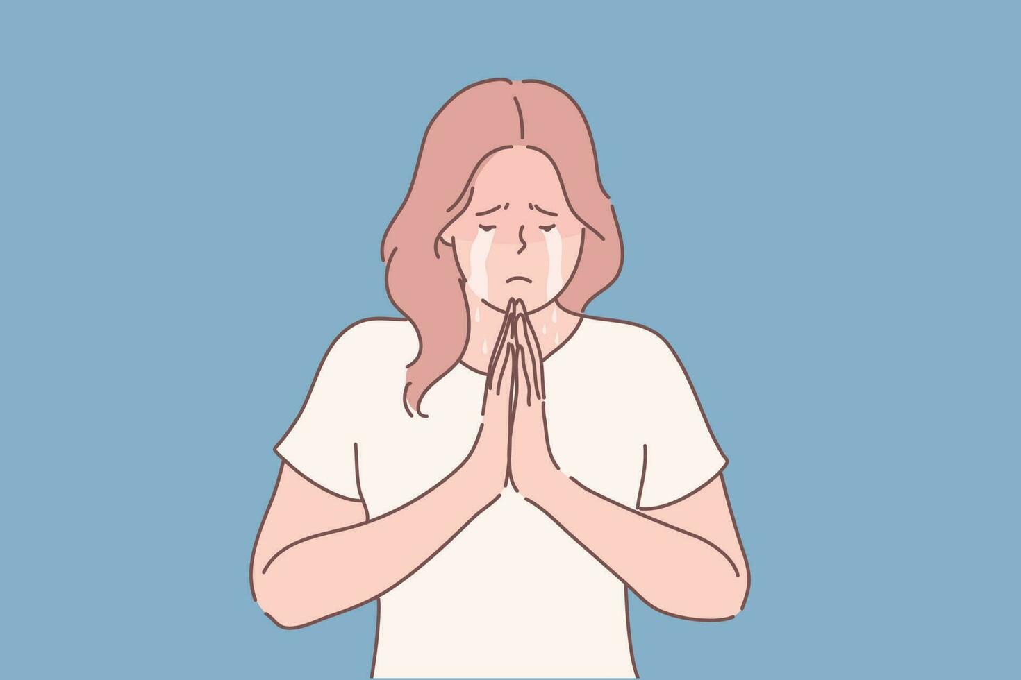 Religion, praying, begging concept. Young unhappy desperate woman or girl cartoon character begging for mercy crying and holding palms together in prayer. Asking or request or god faith illustration. vector